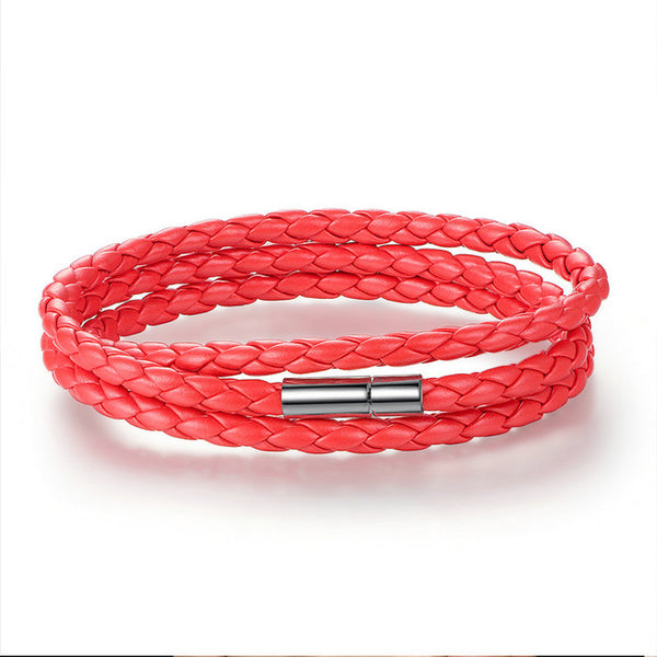 BAMOER Fashion Men & Women Leather Wrap Bracelet with Adjustable Long Chain Magnet Red Bracelets Jewelry PI0063-6