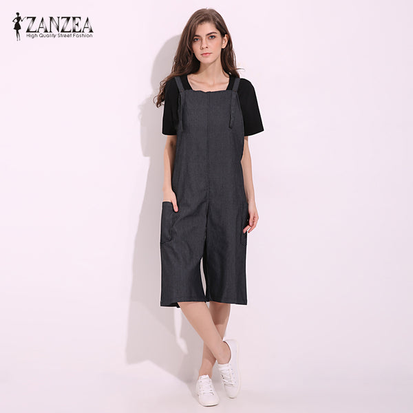 ZANZEA Womens Jumpsuits 2017 Sleeveless Adjustable Strap Pockets Button Wide Leg Denim Blue Retro Rompers Calf Length Overalls