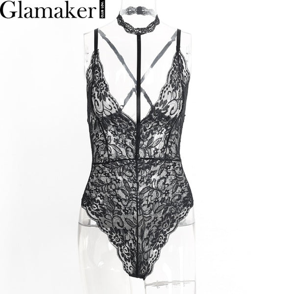 Glamaker Halter bodycon lace jumpsuit romper Elegant floral sleeveless bodysuit women Backless slim party sexy bodysuit