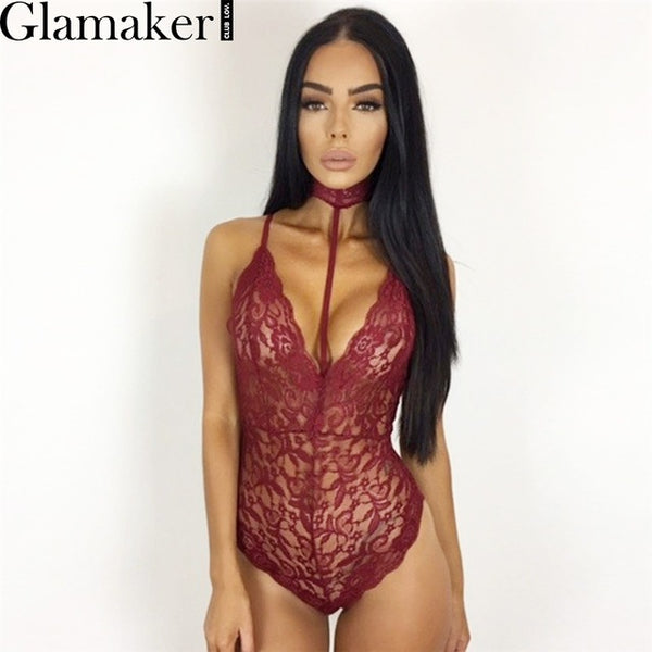 Glamaker Halter bodycon lace jumpsuit romper Elegant floral sleeveless bodysuit women Backless slim party sexy bodysuit