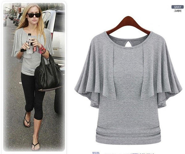 Oxiuly 2016 New Summer Solid Fashion Cloak O-Neck Women Cotton Blend Slimming Stretchy Tops Loose Casual T-Shirt Plus Size M-5XL
