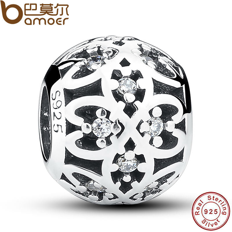Original Beads Fit  Charm Bracelet 925 Sterling Silver Intricate Lattice Openwork Ball With Clear CZ DIY Jewelry PAS060