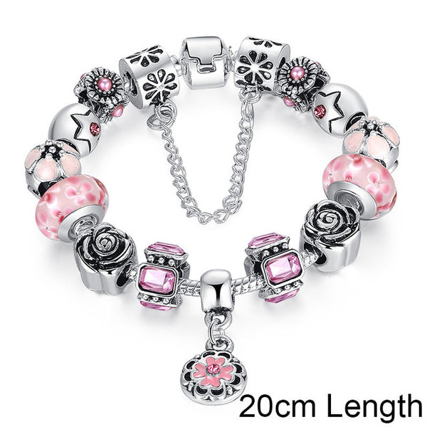 BAMOER Silver Original Glass Bead Strand Bracelet for Women With Safety Chain & Crystal Fashion Jewelry 18CM 20CM 21CM PA1836