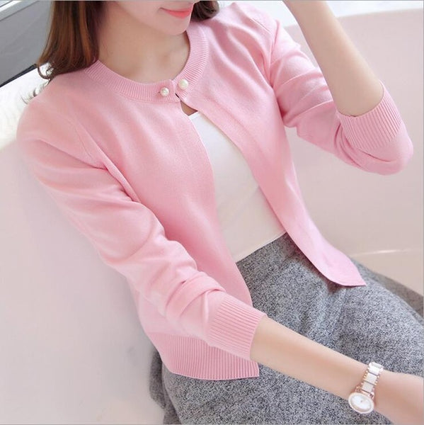 Newest Knitted Cardigan Women 2017 Spring Autumn Long Sleeve Women Sweater Cardigan Female Single Button Pull Femme Black/Pink