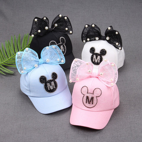 2017 Children Hip Hop Baseball Cap Summer Baby rabbit ear pearl bow kids Sun Hat Boys Girls snapback Caps for 2-8 years old