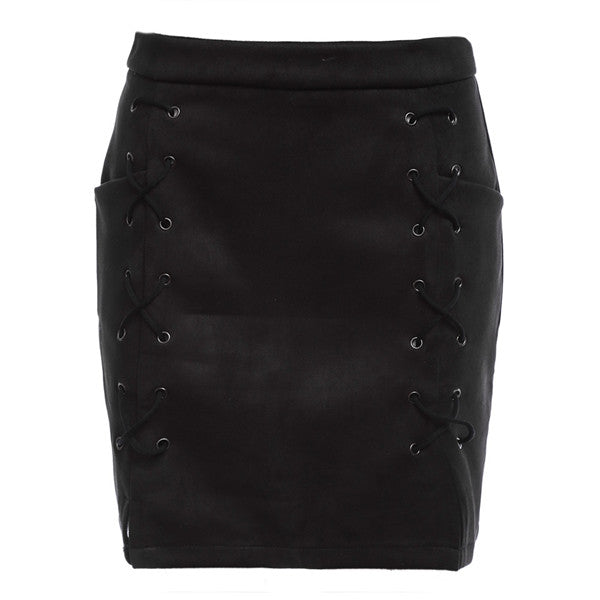 AZULINA Women Leather Suede Pencil Black Mini Skirt 2017 Spring Autumn High Waist Short Bodycon Lace Up Skirts Sexy Split Skirts