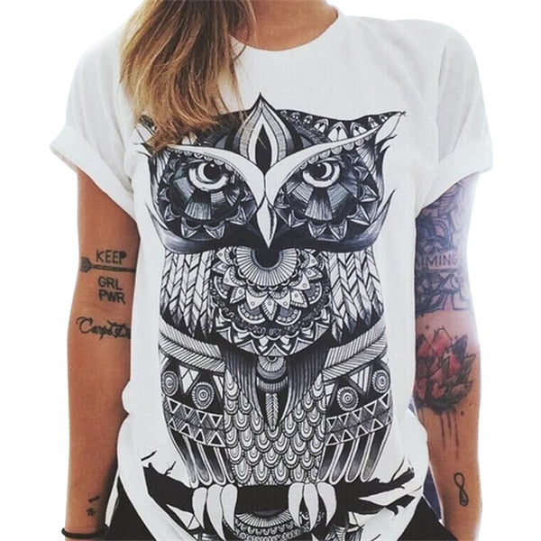 New Style Summer Fashion Women Owl/Letters /eye Print T-shirt Loose Round Neck Short-sleeved Harajuku Retro T-shirt