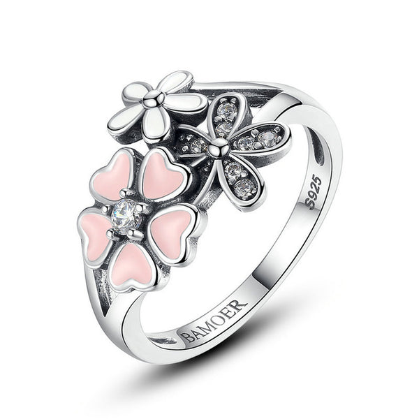 BISAER 9 Style Original 925 Sterling Silver Dazzling Daisy Flower Pink Purple White Radiant Hearts Ring Clear CZ Jewelry