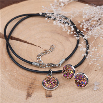 DoreenBeads Handmade Antique silver color Drusy Druzy Resin Cabochon Pendant Necklace silver color Earrings 48cm 16x14mm 1Set