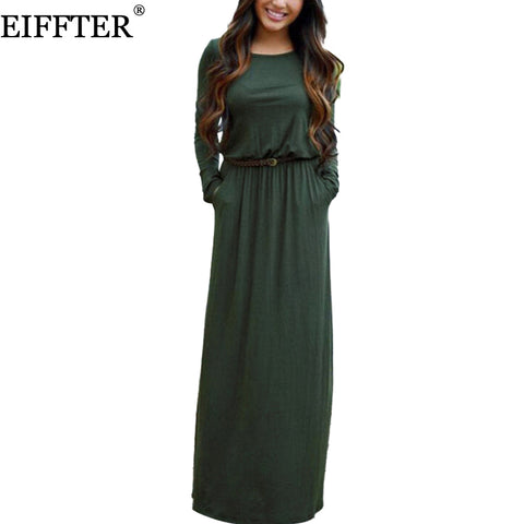 EIFFTER Women Long Dress New Casual Spring Autumn Ladies O-neck Long Sleeve Sashes Solid Maxi Dresses Vestidos 0068