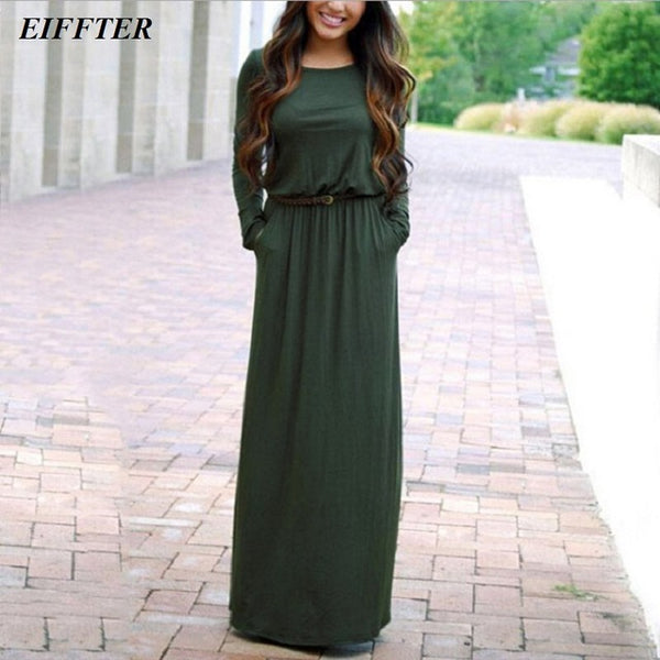 EIFFTER Women Long Dress New Casual Spring Autumn Ladies O-neck Long Sleeve Sashes Solid Maxi Dresses Vestidos 0068