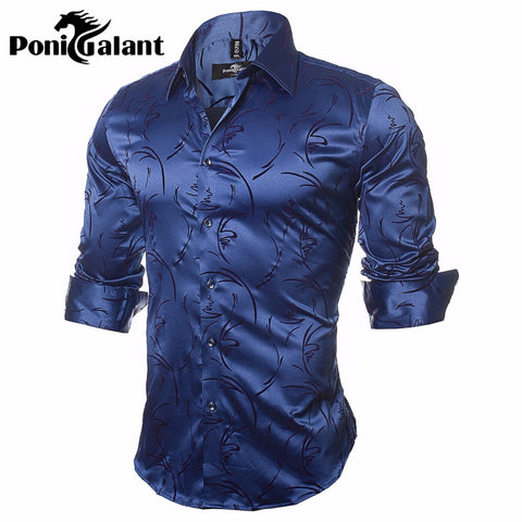 PoniGalant High Quality Silk & Cotton Men Shirts Fashion Long Sleeve Brand Printed Male Clothing Asian Size M-5XL