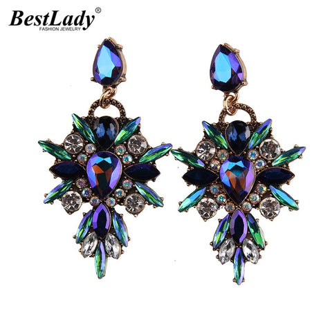 Best lady 2016 New Colorful Flower Big Brand Design Luxury Starburst Pendant Crystal Stud Gem Statement Earrings Jewelry 3343