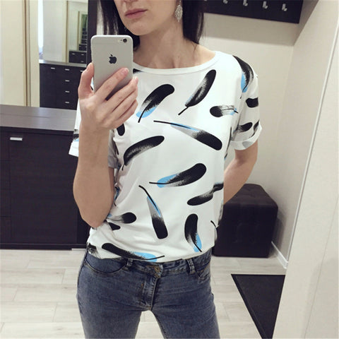 Summer T-shirt printing simple female cotton loose thin students all-match feather white T-shirt bottoming shirt