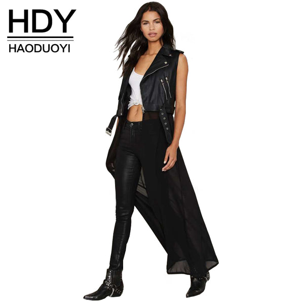 HDY Haoduoyi 2016 Autumn Fashion Women Solid PU Patchwork Chiffon Sleeveless Long Coat Jacket Zipper Casual Outwear
