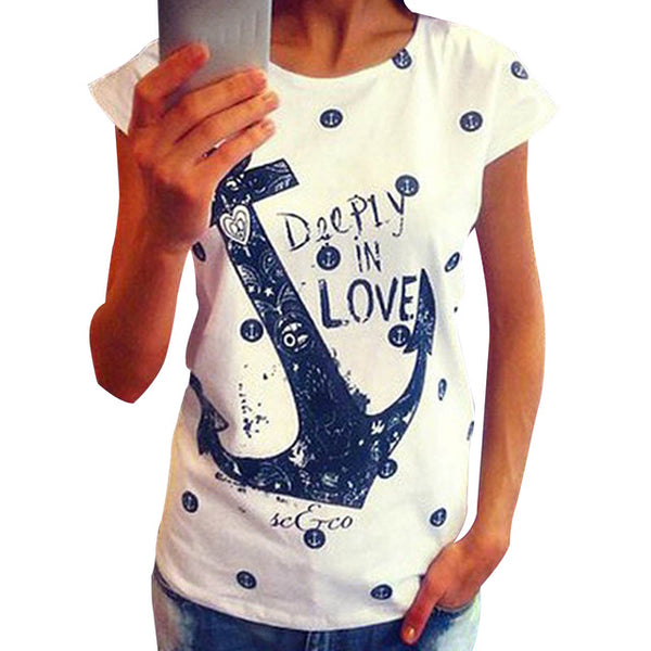 Summer Hot Style Women T-Shirt Anchor Letter Print Tops Cotton Short Sleeve Loose-Fitting T Shirt