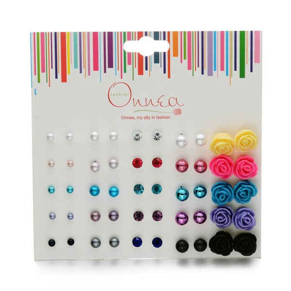 Onnea 30Pack Mix Stud Earrings Set For Woman Cute Ball Pearl Rose Flowers Small Cool Earring for Girls kids Allergy Free Jewelry