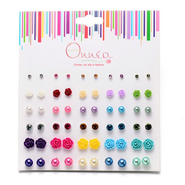 Onnea 30Pack Mix Stud Earrings Set For Woman Cute Ball Pearl Rose Flowers Small Cool Earring for Girls kids Allergy Free Jewelry