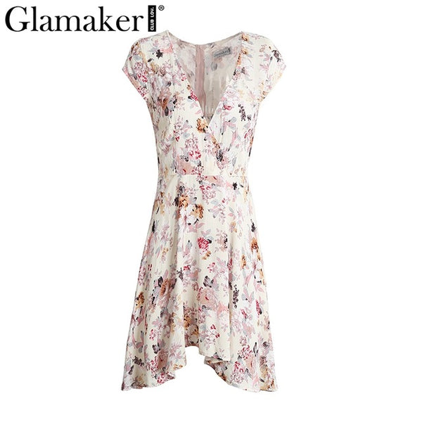 Glamaker Floral summer dress women Sexy boho deep v neck sundress casual dress Short sleeveless beach dress vestidos club party