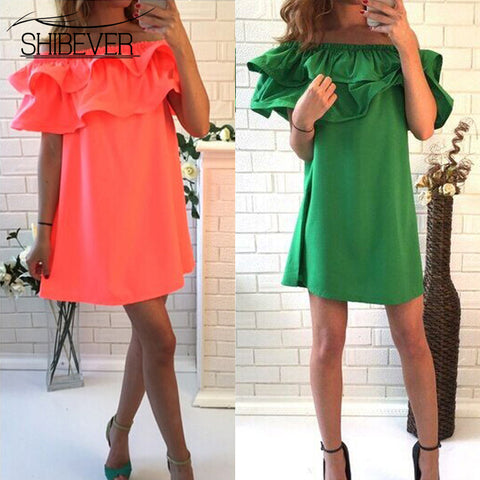 SHIBEVER Women Dresses 2016 ruffle summer dress plus size Sleeve Off Shoulder woman beach dress sexy party dress vestidos VB1329