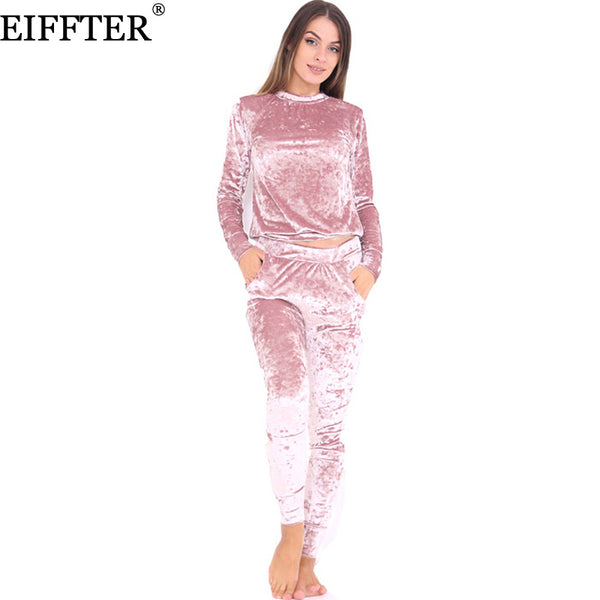 EIFFTER Sexy Women Suits New Autumn Winter Fashion Velvet Long Sleeve Women 2 Piece Set Slim Pants Suits+Hoodies Sets 0226