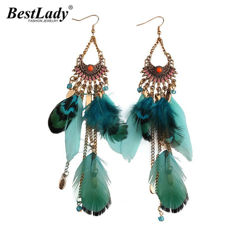 Best lady 2016 Long Tassel  Fashion Feather Style Ethnic Boho Big Dangle Statement Earring Wedding Earrings Accessories 3494