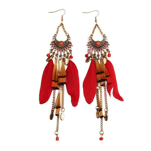 Best lady 2016 Long Tassel  Fashion Feather Style Ethnic Boho Big Dangle Statement Earring Wedding Earrings Accessories 3494