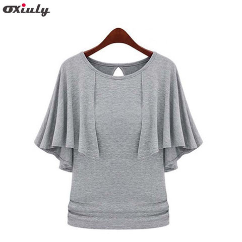 Oxiuly 2016 New Summer Solid Fashion Cloak O-Neck Women Cotton Blend Slimming Stretchy Tops Loose Casual T-Shirt Plus Size M-5XL