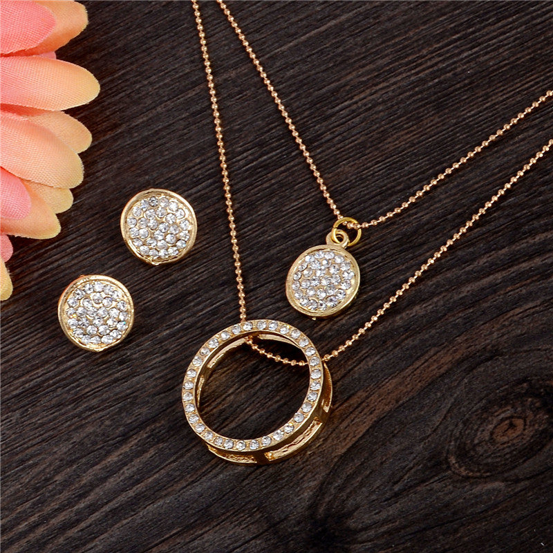 SHUANGR Gold Color Austrian Crystal Classic Hollow Round 48cm necklace pendant earrings jewelry set TH390