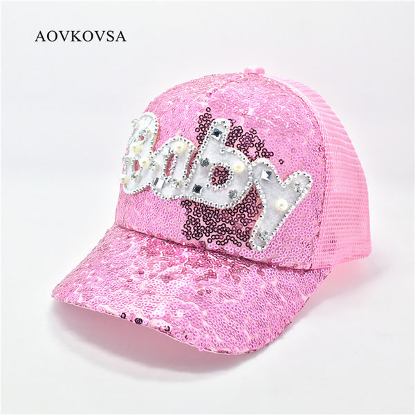 AOVKOVSA 2017 Gorras Fashion Casual Casquette Children Girls Baseball Cap Pearl Diamond Sequins Baby Snapback Caps Hats