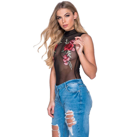 Perspective Sexy Bodysuit Women Sexy Sleeveless Floral Embroidered Sheer Jumpsuit Hollow Out Back Mesh Bodysuit