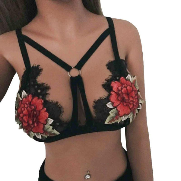 Front Cross Bra 2017 Sexy Women Hollow Out Rose Floral Embroidery Bandage Lingerie Bra Bustier Bra Cage Top