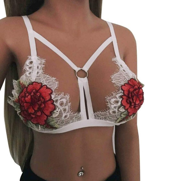 Front Cross Bra 2017 Sexy Women Hollow Out Rose Floral Embroidery Bandage Lingerie Bra Bustier Bra Cage Top