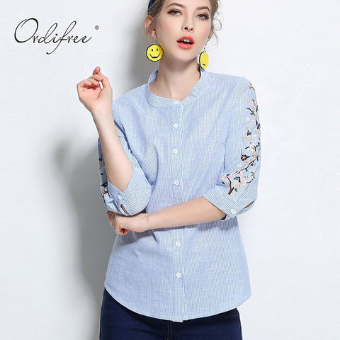Ordifree Top 2017 Summer Female Blouse Cotton Flower Embroidered Plus Size 3XL 4XL Floral Embroidery Women Striped Shirt