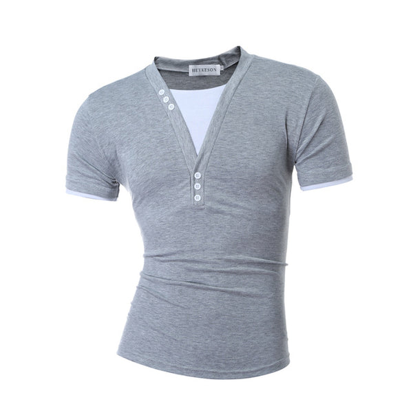 HEYKESON Male 2017 Short Sleeve Fake Two T Shirt V-Neck Slim Men T-Shirt Camisetas Fashion Hombre Tee Shirt Homme T Shirts 3XL