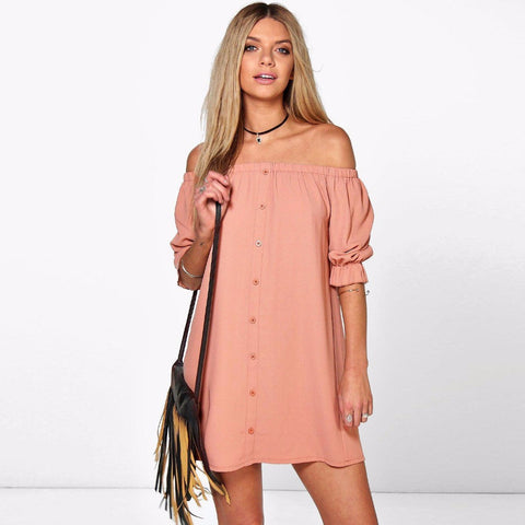 Sexy Loose Strapless Slash Neck Off Shoulder Dress Button Half Sleeve 2017 Summer Dress Women Mini Shirt Dresses Casual Vestidos