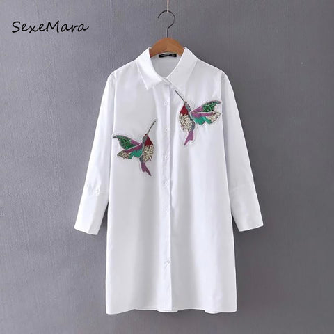 New arrival 2017 Women Bird Embroidered Blouse Shirts fashion Long sleeve high quality turn down collar Spring Fall female Shirt