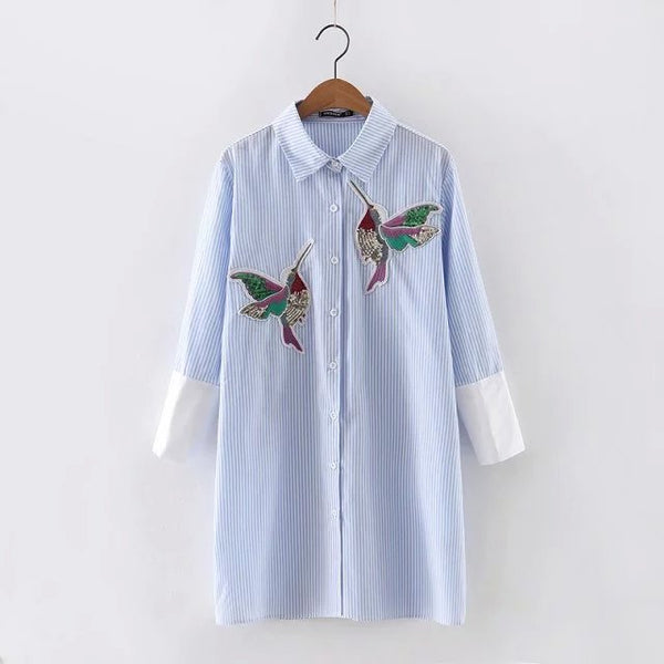 New arrival 2017 Women Bird Embroidered Blouse Shirts fashion Long sleeve high quality turn down collar Spring Fall female Shirt