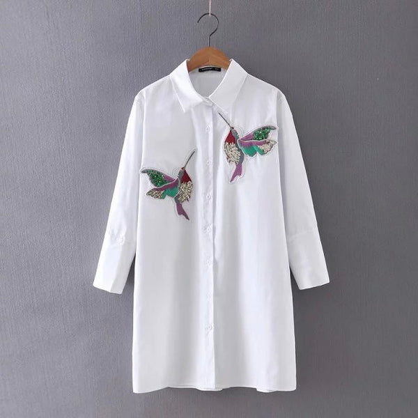 New arrival 2017 Women Bird Embroidered Blouse Shirts fashion Long sleeve high quality turn down collar Spring Fall female Shirt