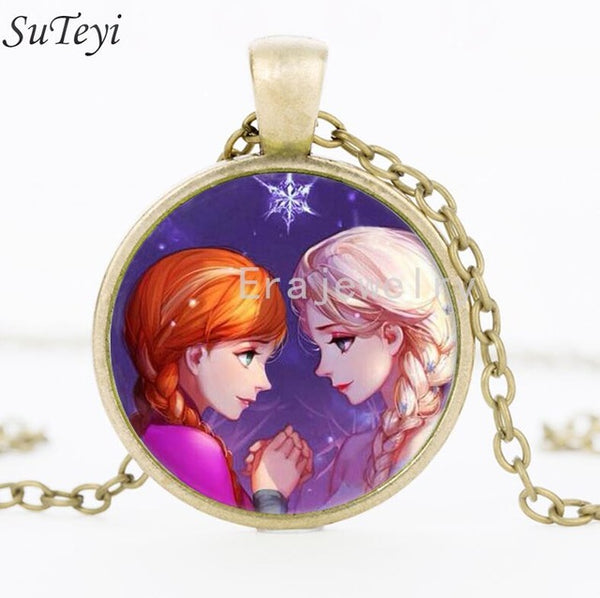 Newest Silver Necklace Elsa Anna Olaf cartoon Girl Jewelry Round Pendant choker Necklace Girls Collar Chain For Children Gift