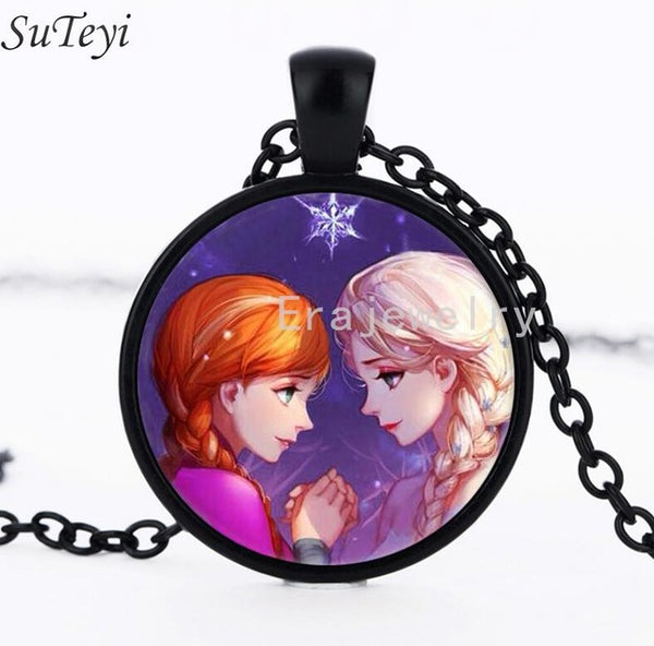 Newest Silver Necklace Elsa Anna Olaf cartoon Girl Jewelry Round Pendant choker Necklace Girls Collar Chain For Children Gift