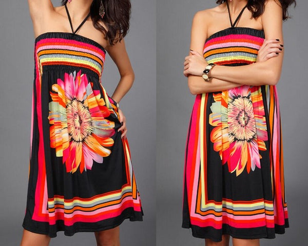 Boho Summer Women Dress Sexy Sundresses Off Shoulder Floral Print Tunic Beach Dresses Big Size Halter Mini SunDress