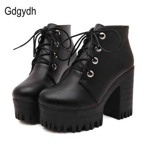 Gdgydh Brand Designers 2017 New Spring Autumn Women Shoes Black High Heels Boots Lacing Platform Ankle Boots Chunky Size 35-39