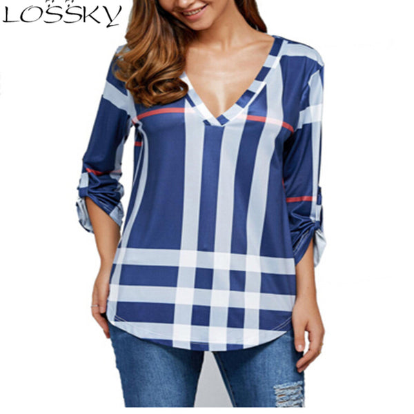 Women's T-shirt European style sexy V Neck T-shirt Women's Tops 2017 Autumn New Fashion Plus Size Plaid Print Top T-Shirt Women