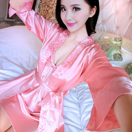 2017 Spring Summer Autumn Women Silk Nightdress  Set of Robe & Nightgown Lady Sexy  Dress Female Twinset of Sleepwear