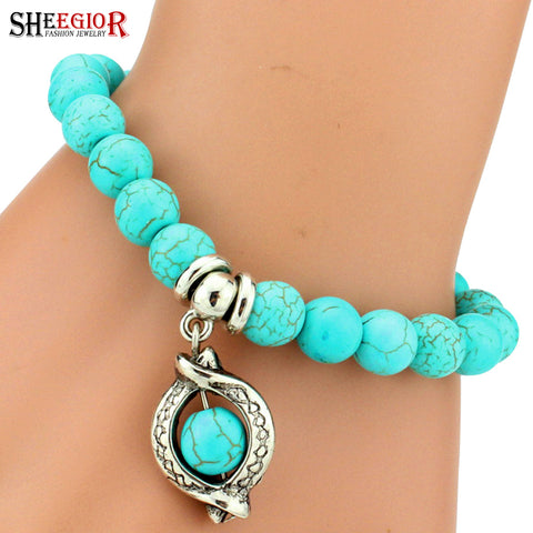 SHEEGIOR Boho Vintage Turquoises Charms Bracelet Men Lovely Tree Snake Owl Pendants Bracelets Bangles for Women Bracelet Jewelry