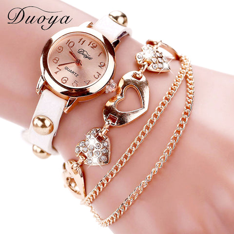Duoya Brand Fashion Watches Women Luxury Rose Gold Heart Leather Wristwatches Ladies Dress Bracelet Chain Quartz Watch Clock New
