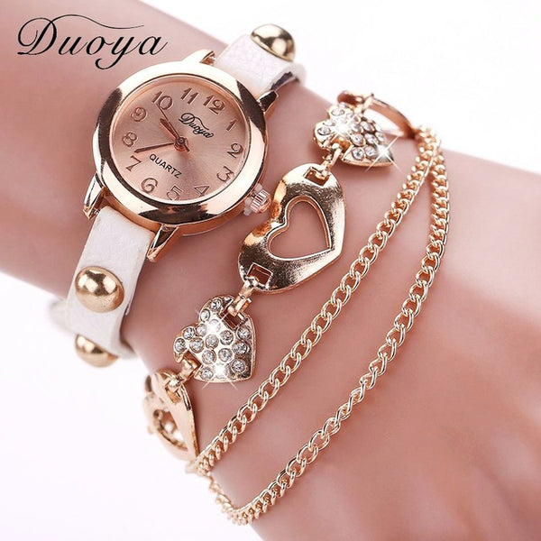 Duoya Brand Fashion Watches Women Luxury Rose Gold Heart Leather Wristwatches Ladies Dress Bracelet Chain Quartz Watch Clock New