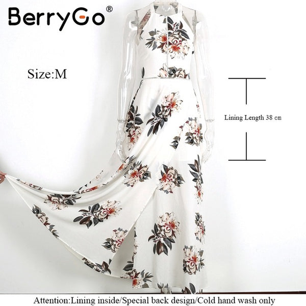 BerryGo Floral print halter chiffon long dress Women backless 2017 maxi dresses vestidos Sexy white split beach summer dress