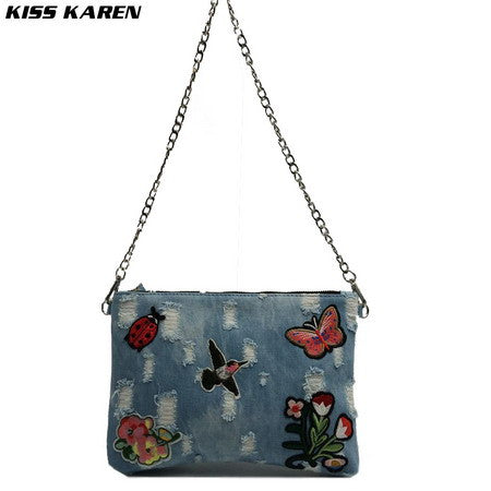 KISS KAREN Fashion Appliques Wristlets Rivet Denim Bag Women's Shoulder Bags Women Messenger Bags Jeans Bag Womens Purse